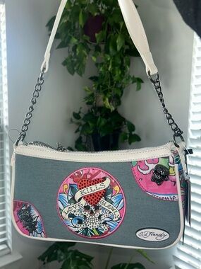 Ed Hardy Gray Canvas Crossbody Bag with Pink and Blue Graphic Accents